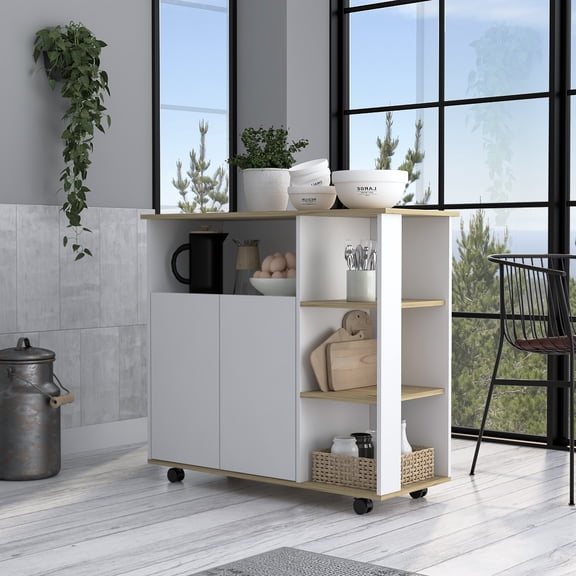DUOSONG Kitchen Island Kamkacht, One Cabinet, Four Open Shelves, Light Oak / White Finish Light Oak Particle Board Furniture Dining Furniture Kitchen Islands & Carts