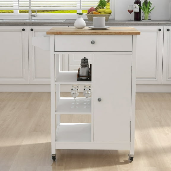 DUOSONG Kitchen Island Rolling Trolley Cart With Adjustable Shelves And Towel Rack Rubber Wood Table Top White MDF Furniture Dining Furniture Kitchen Islands & Carts