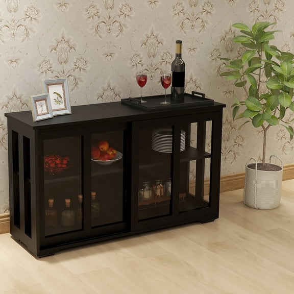 DUOSONG Kitchen Storage Stand Cupboard With Glass Door-Black Black MDF Furniture Dining Furniture Servers, Sideboards & Buffets