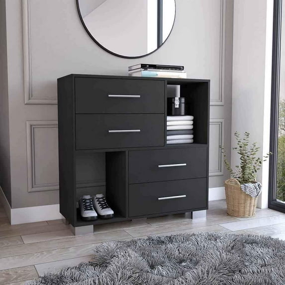 DUOSONG Krista Dresser, Two Open Shelves, Four Drawers -Black Black Particle Board Furniture Bedroom Furniture Dressers, Chests & Wardrobes