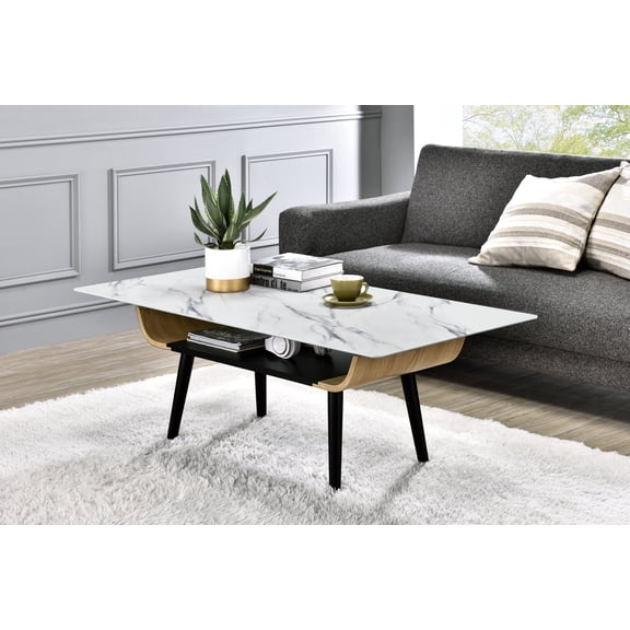 DUOSONG Landon Coffee Table with Glass White Marble Texture Top and Bent Wood, White