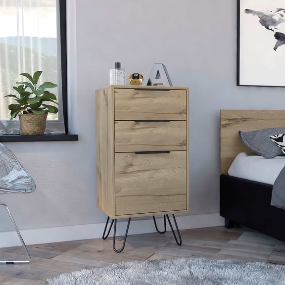 DUOSONG London Dresser, Three Drawers, Superior Top, Hairpin Legs Beige Engineered Wood Furniture Bedroom Furniture Dressers, Chests & Wardrobes