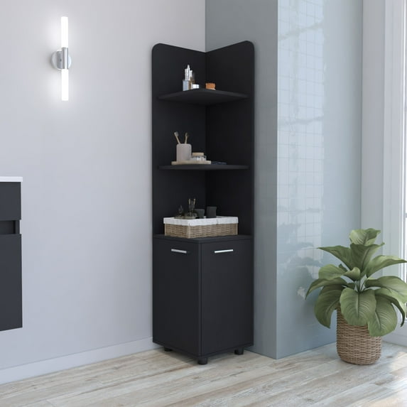 DUOSONG Malibu 62" Tall Double Door Corner Linen Cabinet With Four Shelves Black Particle Board Bath & Faucets Bathroom Storage
