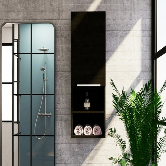 DUOSONG Medicine Single Door Cabinet 32" H, Two External Shelves, Two Interior Shelves, Black Black Particle Board Bath & Faucets Bathroom Storage