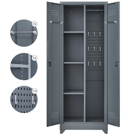 DUOSONG Metal Storage Cabinets, Cleaning Tool Cabinet With Locking Door, Tall Broom Tool Organizer And Storage, Large Storage Cabinet For Kitchen, Pantry, Office, Shop Grey Metal Office File Cabinets