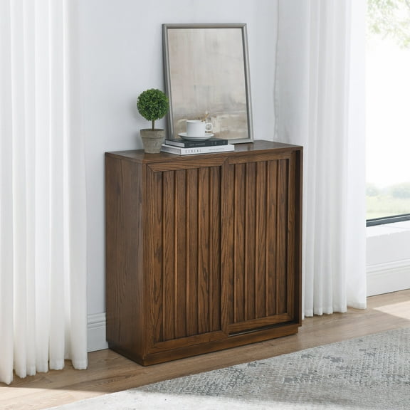 DUOSONG Mid Century Sideboard With 2 Sliding Door & Solid Wood Decorative Strips, Storage Cabinet For Living Room, Kitchen, Dining, Entryway, Hallway Walnut MDF Primary Living Space Cabinets