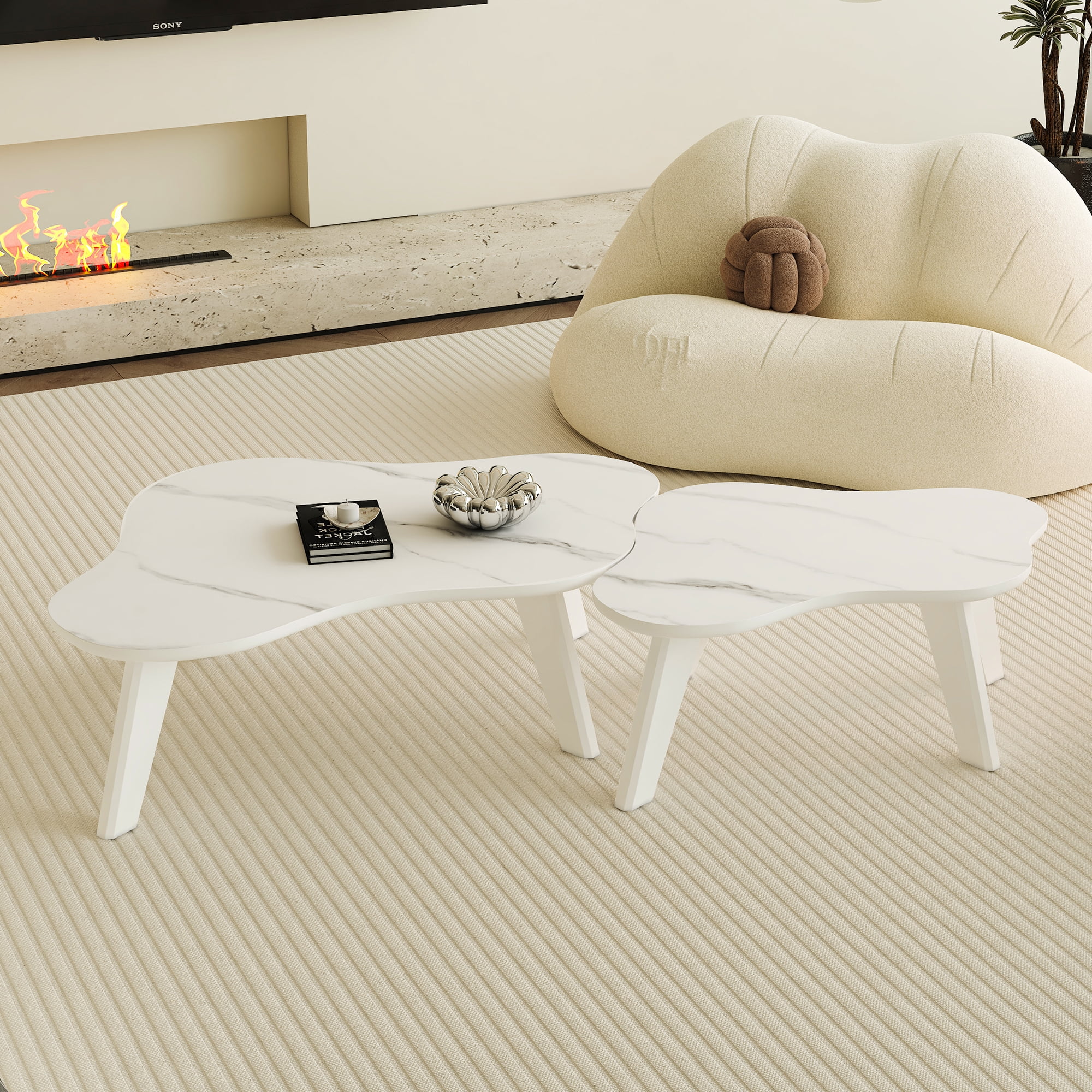 White Cloud Shaped MDF and Solid Wood Coffee Table Set