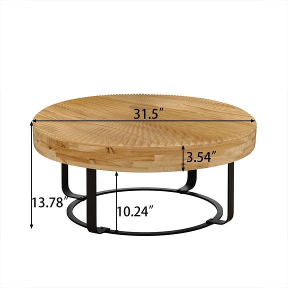 Natural Pine Round Coffee Table with Black Metal Legs - 31.5" Carved Wooden Top, 220Lbs Capacity, Rustic Modern Design for Living Room & Office