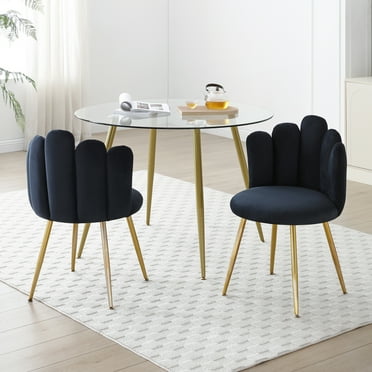 DUOSONG Modern Velvet Dining Chairs Set Of 2, Upholstered Woven Dining Chair With Golden Metal Legs, Upholstered Dining Chairs For Dining Room, Kitchen, Vanity, Living Room Black Velvet