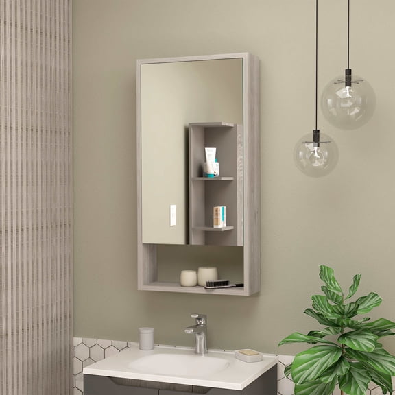 DUOSONG Modesto Medicine Cabinet, One Open Shelf, Mirrored Cabinet With Two Interior Shelves Beige Engineered Wood Furniture Bedroom Furniture Dressers, Chests & Wardrobes
