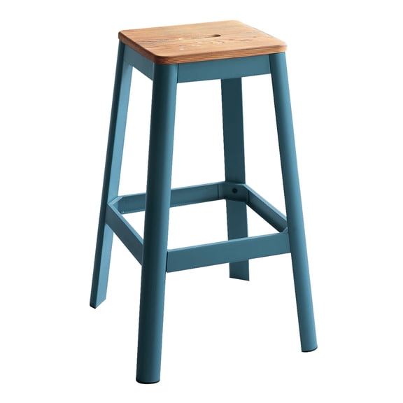 DUOSONG Natural And Teal Armless Bar Stool With Crossbar Support Natural Wood+Metal Furniture Dining Furniture Seating for Dining