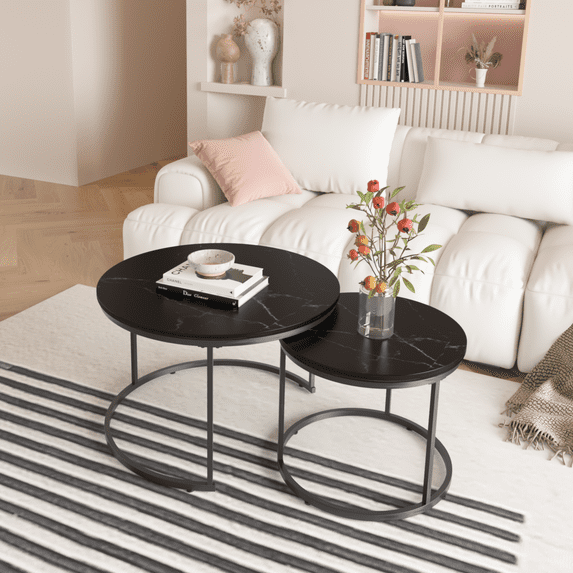 DUOSONG Nesting Coffee Table Set Of 2, 27.6Inch Round Coffee Table Wood Marble Pattern Top With Sturdy Metal Frame, End Table Side Tables For Living Room Bedroom Balcony Yard (Black) Black Wood+Metal