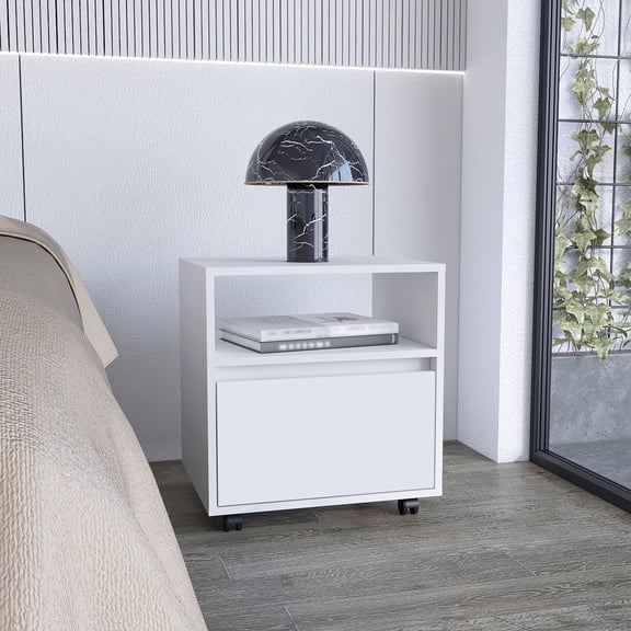 DUOSONG Nightstand 20"H, With One Open Shelf, 1 Drawer And Casters, White White Particle Board Furniture Bedroom Furniture Nightstands