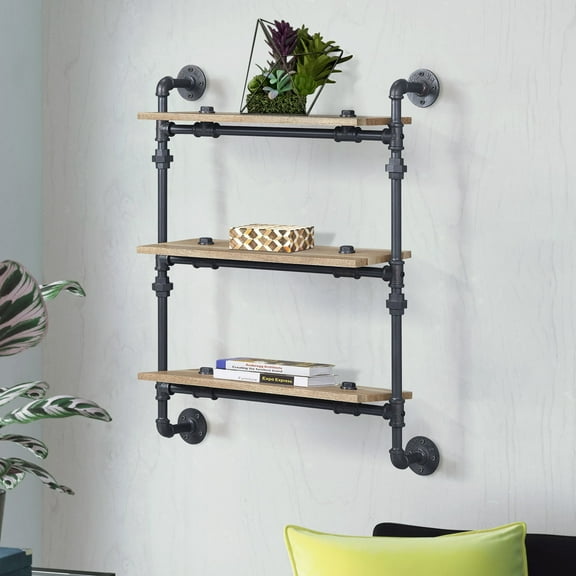 DUOSONG Oak And Sandy Black 3-Tier Wall Shelf, 9.5W x 28.5D x 35.5H Inches, Wood+Metal Furniture