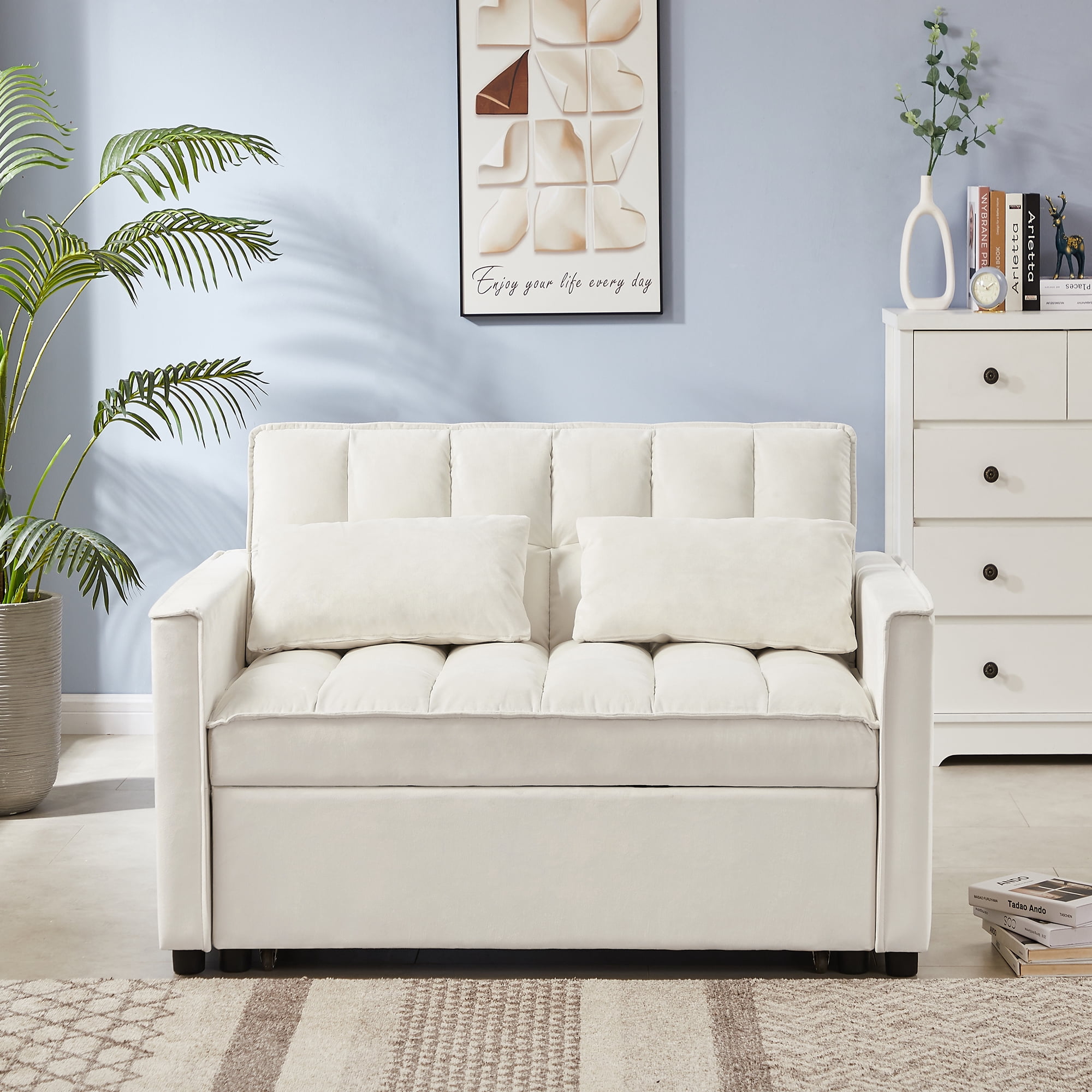 DUOSONG Off White Velvet Loveseat Sofa Bed Off White Velvet Furniture ...