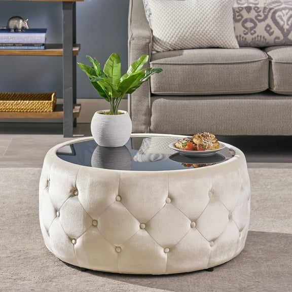 30" Beige Velvet Ottoman with Glass Top - Button-Tufted Diamond Stitch Design for Living Room