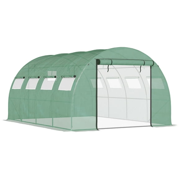 Outdoor Sheds Outsunny 13' x 10' x 6.5' Walk-in Tunnel Greenhouse with 2 Zippered Mesh Doors & 10 Mesh Windows, Upgraded Gardening Plant Hot House with Galvanized Steel Hoops, Green,Storage Sheds