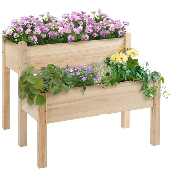 34" X 34" 2-Tier Wooden Raised Garden Bed, Elevated Planter Box for Vegetables, Herbs & Flowers - Natural Fir Wood with Drainage Holes Five