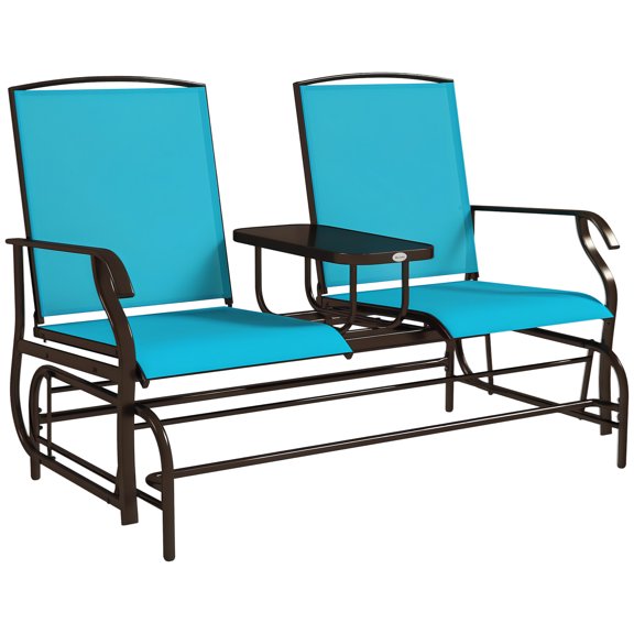 Outdoor Glider Bench with Center Table, 2-Person Blue Patio Loveseat with Breathable Mesh Fabric & Steel Frame for Backyard, Garden Or Porch