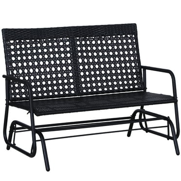 DUOSONG Outsunny Patio 2-Person Wicker Glider Bench Rocking Chair, Outdoor All-Hand Woven Pe Rattan Loveseat W/ Ergonomic Design Rocking System For Patio, Garden, Porch, Lawn, Black Black Steel