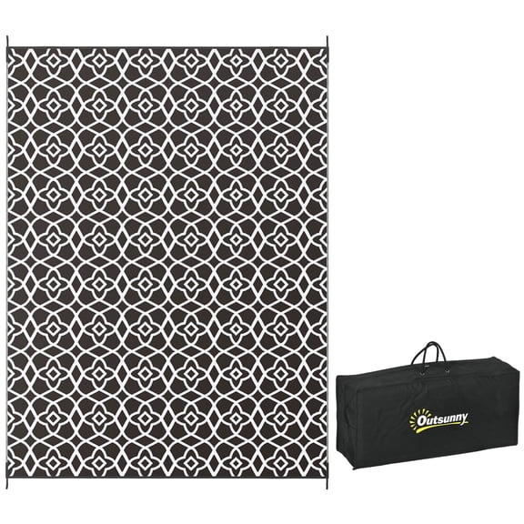 Outsunny Reversible Outdoor Rug, 9' x 12' Waterproof Plastic Straw Floor Mat, Portable RV Camping Carpet with Carry Bag, Large Floor Mat for Backyard, Deck, Picnic, Beach, Black & White Clover,