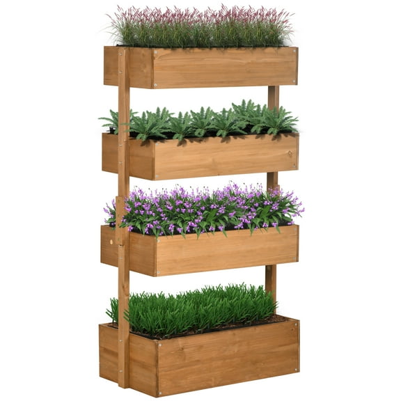 Outdoor Planters Outsunny Vertical Garden Planter, Wooden 4 Tier Planter Box, Self-Draining with Non-Woven Fabric for Outdoor Flowers, Vegetables and Herbs, Orange,Garden Planters