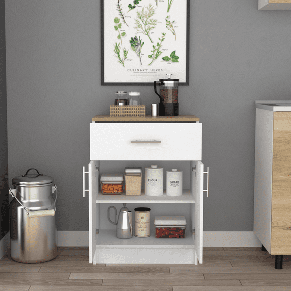 DUOSONG Pantry Organizer Cabinet 33" H, One Drawer, Two Interior Shelves, Two Doors, White/Light Oak Multicolor Particle Board Furniture Dining Furniture Servers, Sideboards & Buffets