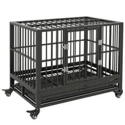 DUOSONG Pawhut 36" Heavy Duty Dog Crate Metal Cage Kennel With Lockable Wheels, Double Door And Removable Tray, Gray Grey Steel Pet Supplies Pet Beds & Furniture