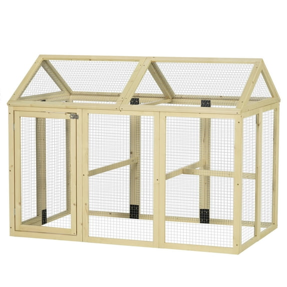 Large Wooden Chicken Run Coop - 4.6' X 2.8' Outdoor Poultry Pen with Perches & Doors, Expandable Design for Backyard, Farm, Natural Wood (55.1"L X 34.8"W X 41.7"H)