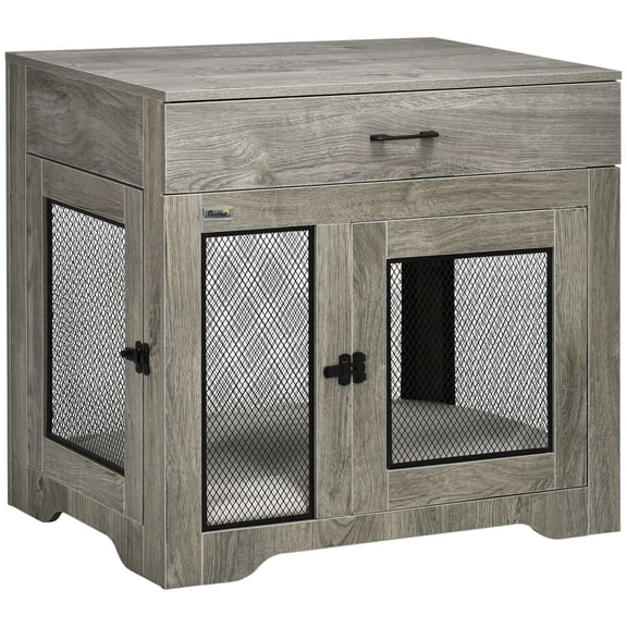 31.5" Dog Crate End Table with Removable Cushion & Storage Drawer, Grey Pet Kennel Furniture for Small To Medium Dogs Up To 44 Lbs
