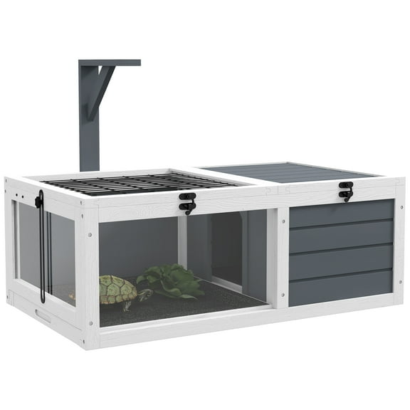 DUOSONG Pawhut Tortoise Habitat, Wooden Tortoise House, Indoor Outdoor Tortoise Enclosure With Lamp Holder, Pull-Out Waterproof Trays, Openable Lids, Gray Gray Wood Pet Supplies Pens & Hutches