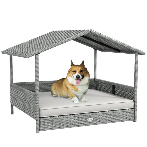 DUOSONG Pawhut Wicker Dog House Outdoor With Canopy, Rattan Dog Bed With Water-Resistant Cushion, For Small And Medium Dogs, Cream White White Rattan Pet Supplies Pet Beds & Furniture