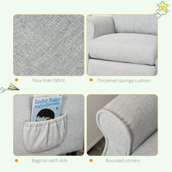 Kids Recliner Chair with Adjustable Back & Footrest, Light Grey Children'S Armchair with Side Pockets for Ages 3-5 Years