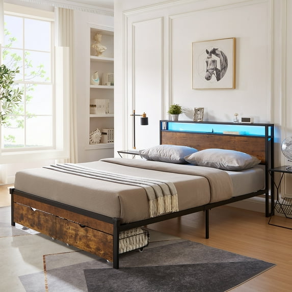 DUOSONG Queen Size Metal Platform Bed Frame With Wooden Headboard And Footboard With Usb,Charging Station,2 Drawers,Led Lights, No Box Spring Needed, Easy Assemble Brown+Black MDF+Metal Bedroom