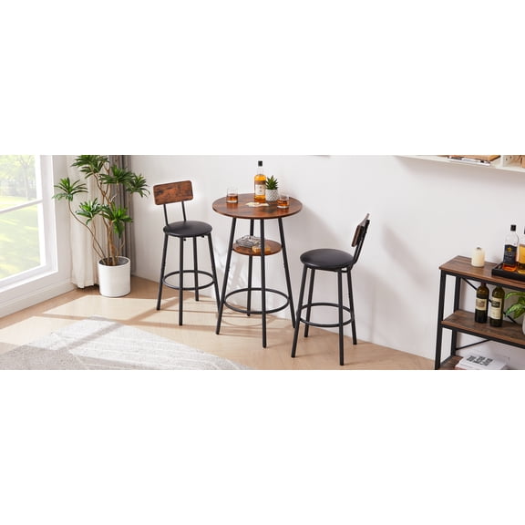DUOSONG Round Bar Stool Set With Shelf, Upholstered Stool With Backrest, Rustic Brown, 23.62'' W X 23.62'' D X 35.43'' H Rustic Brown Particle Board Dining Dining and Kitchen Sets
