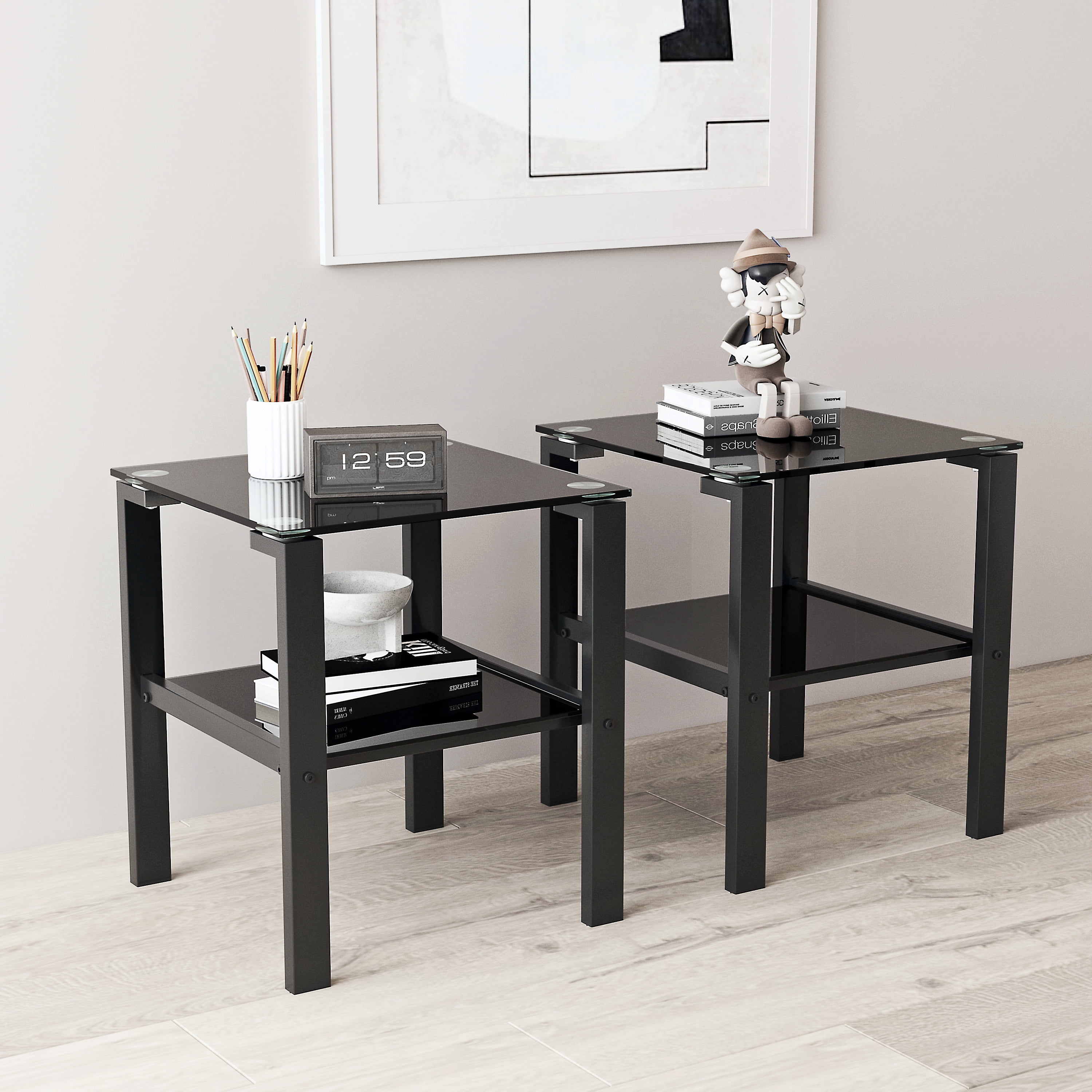 DUOSONG Set Of 2, Glass Two Layer Tea Table, Small Round Table, Bedroom Corner Table, Living Room Side Table,Black Black Tempered Glass Furniture Primary Living Space Tables