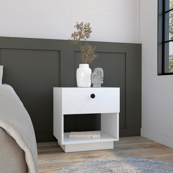DUOSONG Single Drawer Nightstand 19"H With Open Storage Shelf, White White Particle Board Furniture Bedroom Furniture Nightstands