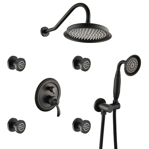 DUOSONG Single-Handle 4-Spray Patterns Bathroom Rain Shower Faucet With Body Jet Handshower In Matte Black (Valve Included) Matte Black brass Bath & Faucets Freestanding Tub Faucets