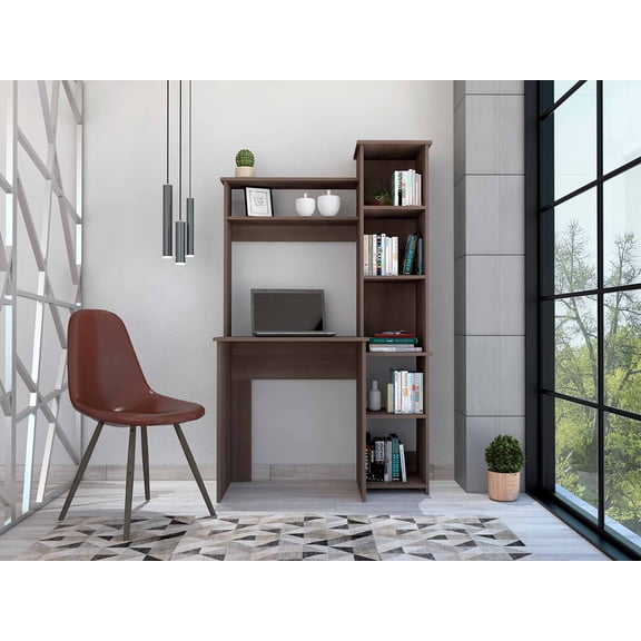 DUOSONG Smokey Oak 6-Shelf Writing Desk With Built-In Bookcase Brown Particle Board Furniture Office Desks & Work Surfaces