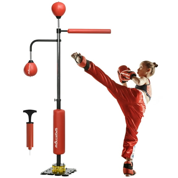DUOSONG Soozier 4'7"-6'8" Boxing Bag Stand With Speed Bag And Reaction Bar Challenge, Reflex Bag Boxing Training Equipment With Suction Cups And Shock-Absorbing System, Red Black+Red Steel Fitness &