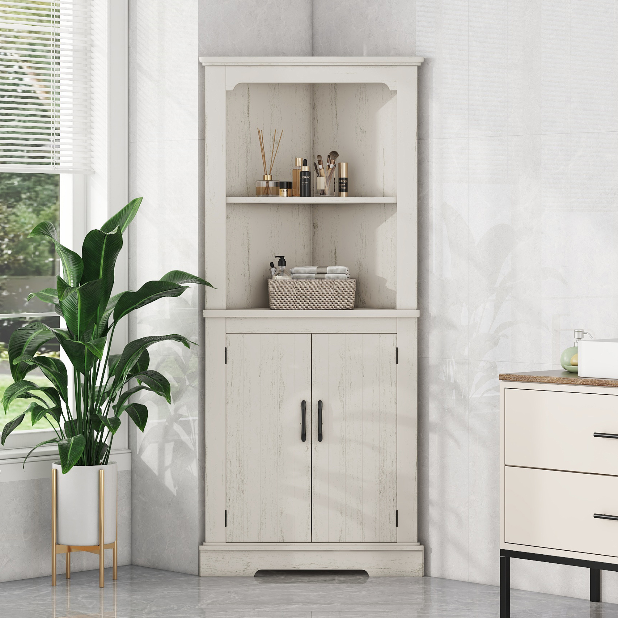 DUOSONG Tall Corner Cabinet With Doors For Living Room Bathroom Dining