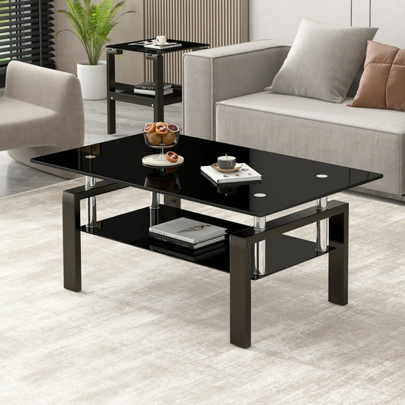 DUOSONG Tempered Black Glass Coffee Table, 2-Layers Tea Table Transparent Glass Furniture Primary Living Space Tables