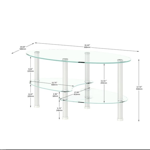 DUOSONG Transparent Oval Glass Coffee Table, Modern Table With Stainless Steel Leg, Tea Table 3-Layer Glass Table For Living Room Transparent Glass Furniture Primary Living Space Tables