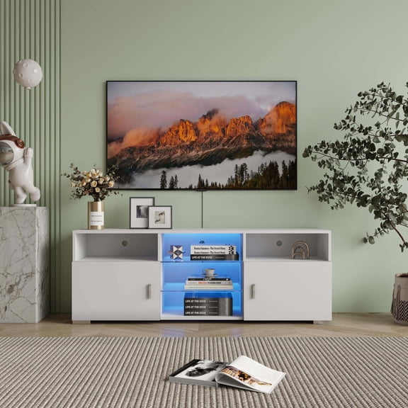 DUOSONG Tv Stand For 32-60 Inch Tv, Modern Television Table Center Media Console With Drawer And Led Lights, Matt Entertainment Center For Living Game Room Bedroom. White Particle Board TV &