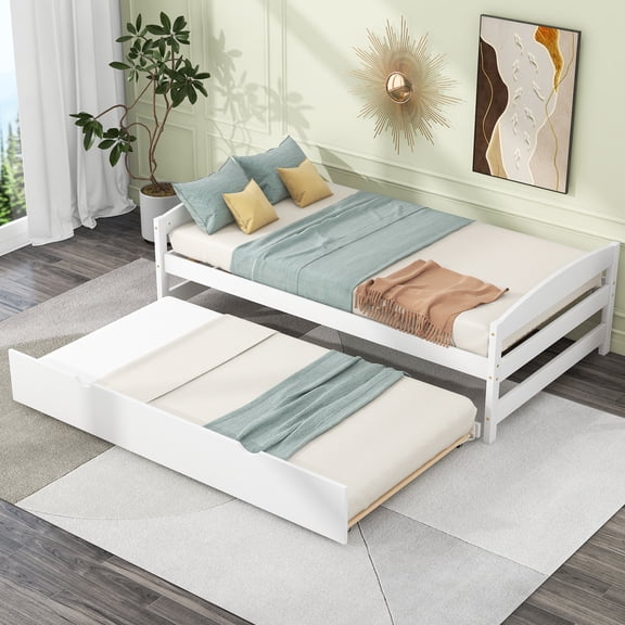 DUOSONG Twin Size Platform Bed With Twin Size Trundle, White White Pine Furniture Bedroom Furniture Beds, Frames & Bases