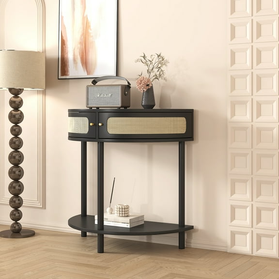 DUOSONG Unique Half Moon Design End Table With Sliding Rattan Door,Elegant Semi-Circle Entryway Console Table With 2 Rattan Storage Cabinet And Bottom Shelf For Living Room, Bedroom, Study, Hallway