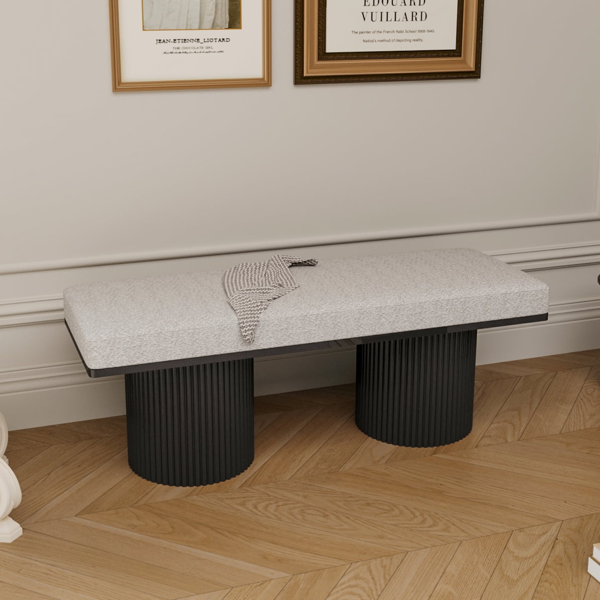 Bedroom Stool Upholstered Bench with Black Chunky Legs Light Grey ...