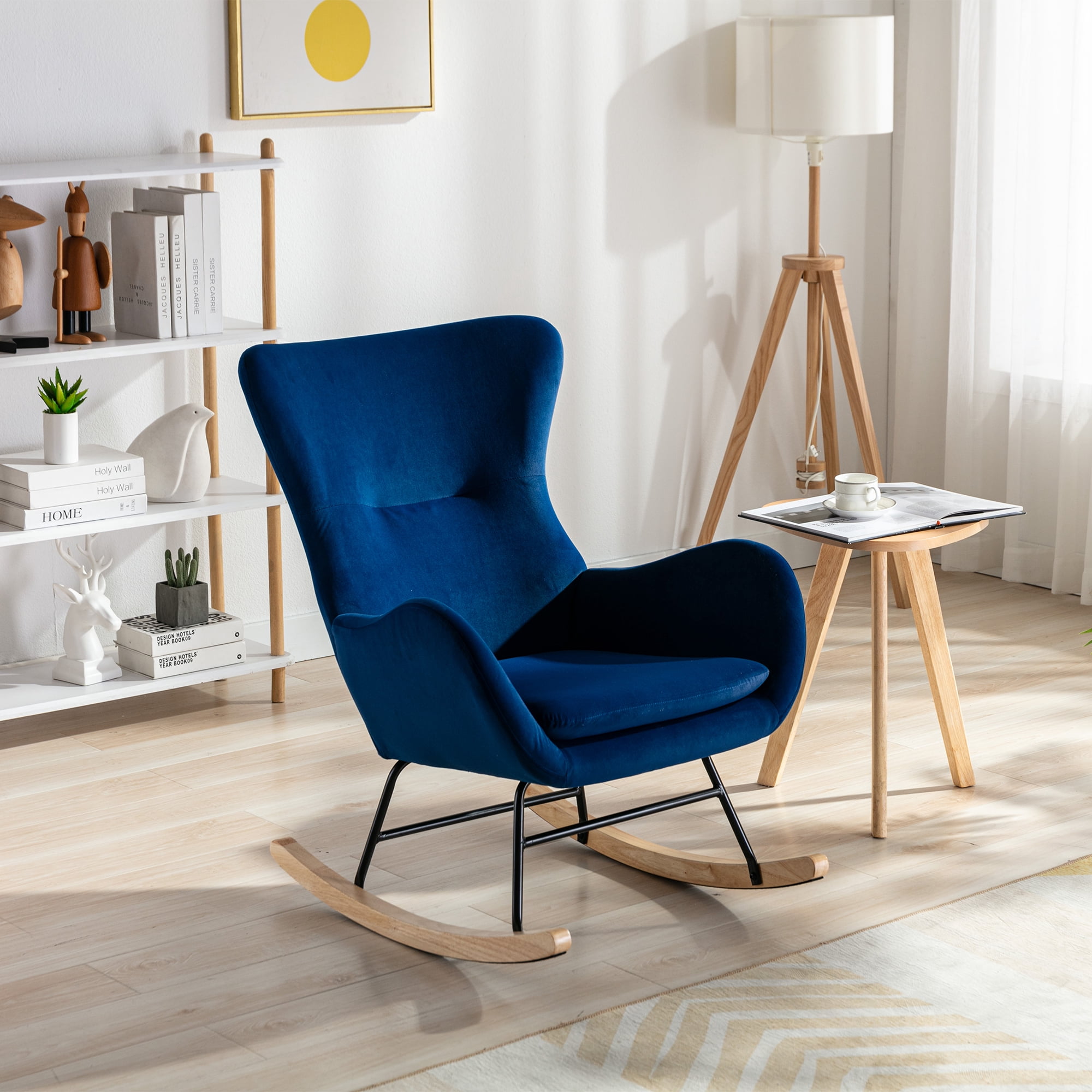 DUOSONG Velvet Fabric Padded Seat Rocking Chair With High Backrest And ...