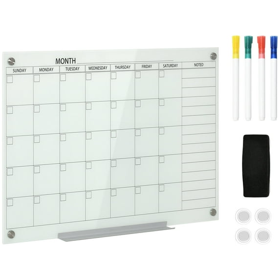 DUOSONG Vinsetto 35"X23" Dry Erase Wall Calendar Glass Whiteboard Monthly Planner For Homeschool Supplies & Home Office Organization With 4 Markers And 1 Eraser,Frameless White Glass Other