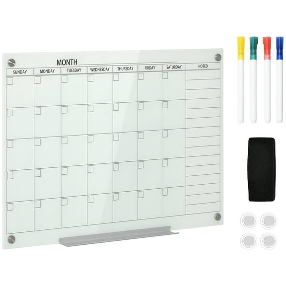 DUOSONG Vinsetto 35"X23" Dry Erase Wall Calendar Glass Whiteboard Monthly Planner For Homeschool Supplies & Home Office Organization With 4 Markers And 1 Eraser,Frameless White Glass Other